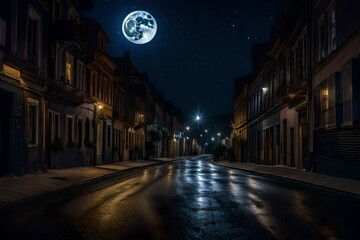 A midnight street scene, illuminated by a full moon and a star-filled sky - AI Generative