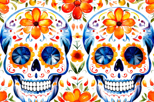 Skull and flowers around during the Day of the Dead in Mexico on a white background.