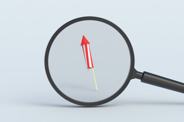Firework rocket behind magnifying glass. 3d render