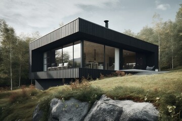 A Nordic house with a solar-integrated black rooftop. Generative AI