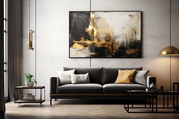 Abstract art painting decorates interior with black and gold accents. Generative AI