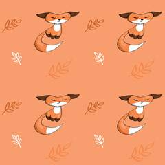 Vector seamless pattern with cute cartoon fox and leaves on orange background.