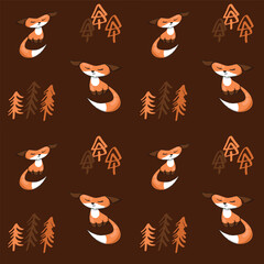 Vector seamless pattern with cute foxes and fir trees on brown background