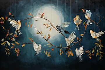 Feathers moon birds mural wallpaper canvas. Generative AI