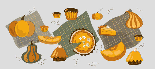Set of pumpkin spice seasonal products, coffee, latte, pie, cake, soup, smoothie. Autumn food vector cartoon flat doodle illustration.