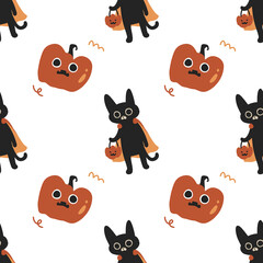Halloween orange festive seamless pattern. Endless background with cute kawaii pumpkins skull spooky ghost. Perfect for wallpaper, fabric design, wrapping paper, surface textures, digital paper.