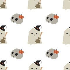 Halloween orange festive seamless pattern. Endless background with cute kawaii pumpkins skull spooky ghost. Perfect for wallpaper, fabric design, wrapping paper, surface textures, digital paper.