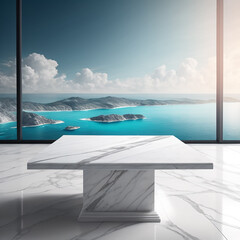 Beautiful cloudy sky marble empty table mockup for product generated.Ai