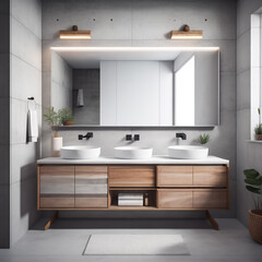 Fototapeta na wymiar Modern green and white concrete bathroom with cabinates generated.Ai
