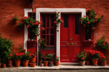 a red front door of a French brick house. Pots with flowering plants are placed next to the house - AI Generative