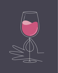 Hand holding glass of wine drawing in flat line style drawing on beige background