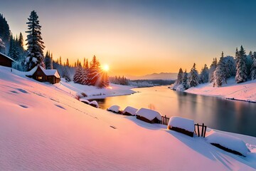winter, sunset, snow, sky, landscape, water, tree, nature, cold, sun, sunrise, clouds, field, trees