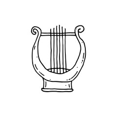 Ancient harp, drenegreek style. Lyre is a plucked string musical instrument. Doodle. Hand drawn. Vector illustration. Outline.