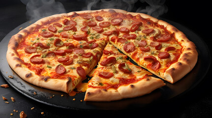 Delicious Chicken Pizza with smoke on black texture background
