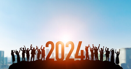 Multinational people rejoice at the start of 2024. 2024 New Year concept. New year's card 2024.