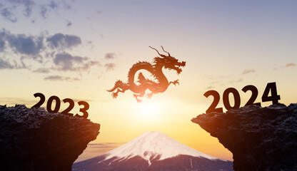 2023から2024へ飛躍する龍　2024年新年イメージ　令和六年年賀状素材