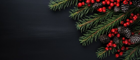Christmas Mockup banner with fir, conifer branches, cones, red berries, decorations on black textured background. Top view. Flat lay. New Year Holidays background. Generative ai