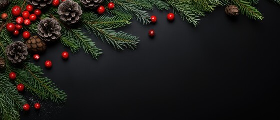 Fototapeta na wymiar Christmas Mockup banner with fir, conifer branches, cones, red berries, decorations on black textured background. Top view. Flat lay. New Year Holidays background. Generative ai