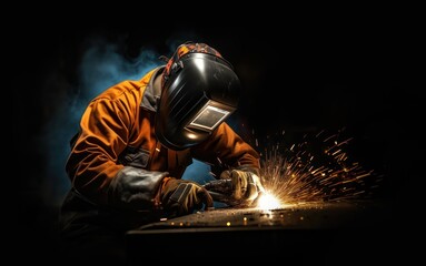 Welder with protective mask welding metal with sparks on dark background.