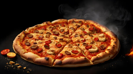 Delicious Chicken Pizza with smoke on black texture background