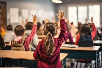 Fototapeta premium Back view of little girl raising her hands in the classroom at school