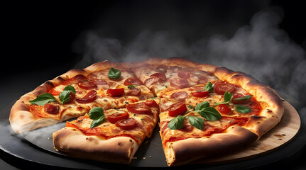 Delicious Chicken Pizza with smoke on black texture background