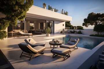 Fototapeta premium Luxury villa with swimming pool at sunset.