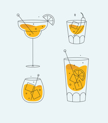 Cocktail glasses margarita whiskey long island old fashioned drawing in flat line style on light background