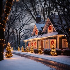 Fototapeta premium Beautiful house decorated for Christmas and New Year in the snow.