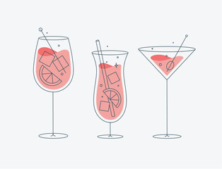 Cocktail glasses spritz pina colada cosmopolitan drawing in flat line style