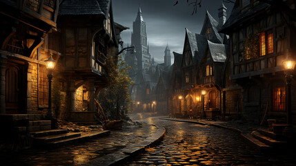 cobblestone streets lantern lit old European village