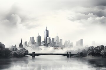 Panoramic view of Urban City skyline in a fog.