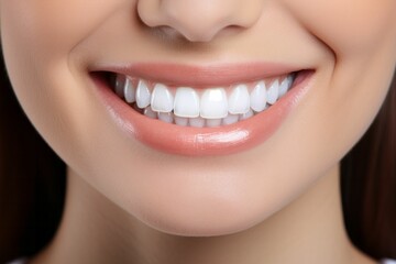 Perfect woman's smile. White teeth close up. AI generative