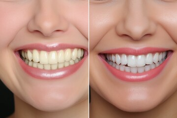 Woman's teeth before and after whitening. Smile close up. AI generative