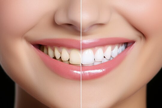 Perfect woman's smile. White teeth close up. AI generative