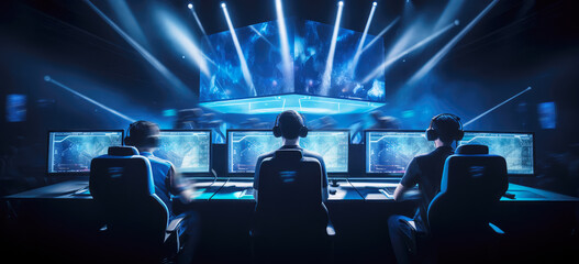 World region gaming expo, gaming industry event or gaming competition amusement, with many live-action players hand-edited generative AI.
