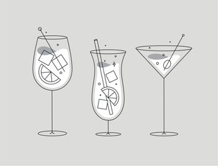 Cocktail glasses spritz pina colada cosmopolitan drawing in flat line style on grey background