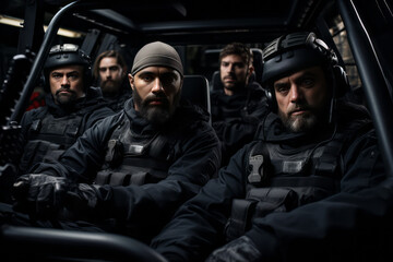 Advertising portrait shot of a Special Police Unit team , standing together of special police vehicle . Generative Ai