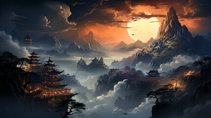misty mountains ancient temples dawn light