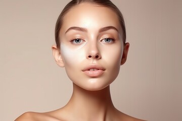 Generative ai, Beautiful young woman applying cosmetic cream treatment on her face isolated on background . Girl with clean fresh skin 