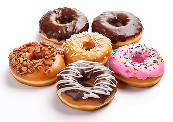 Caramel,chocolate and caramel glazing donuts on white background.Macro.AI Generative