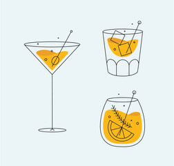 Cocktail glasses cosmopolitan whiskey old fashioned drawing in flat line style on light background - obrazy, fototapety, plakaty