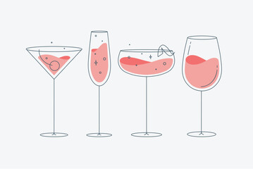 Cocktail glasses manhattan champagne wine daiquiri drawing in flat line style