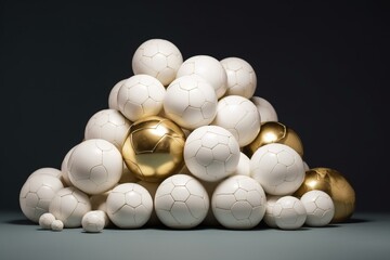 A pile of white footballs hosting a single golden ball against a plain backdrop. Generative AI