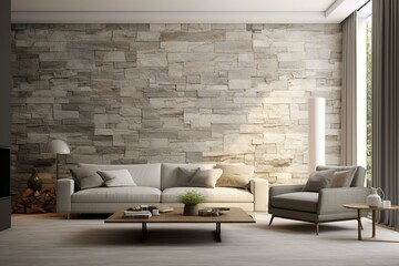 Stone wall of elegant living room. Luxurious city apartment with modern decor. 3D rendering. Generative AI