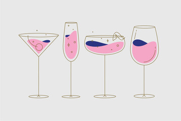 Cocktail glasses manhattan champagne wine daiquiri drawing in flat line style on beige background