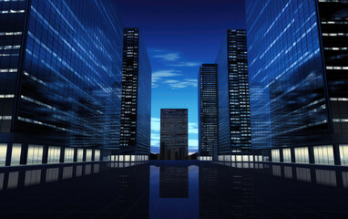 Fototapeta na wymiar Nighttime Reflections: Spectacular Modern Office Building in the City Lights