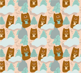 Seamless pattern cute pastel winter forest landscape with fun bears. Childish trendy print. Vector hand drawn doodle flat illustration.