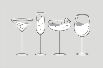 Cocktail glasses manhattan champagne wine daiquiri drawing in flat line style on grey background