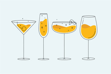 Cocktail glasses manhattan champagne wine daiquiri drawing in flat line style on light background